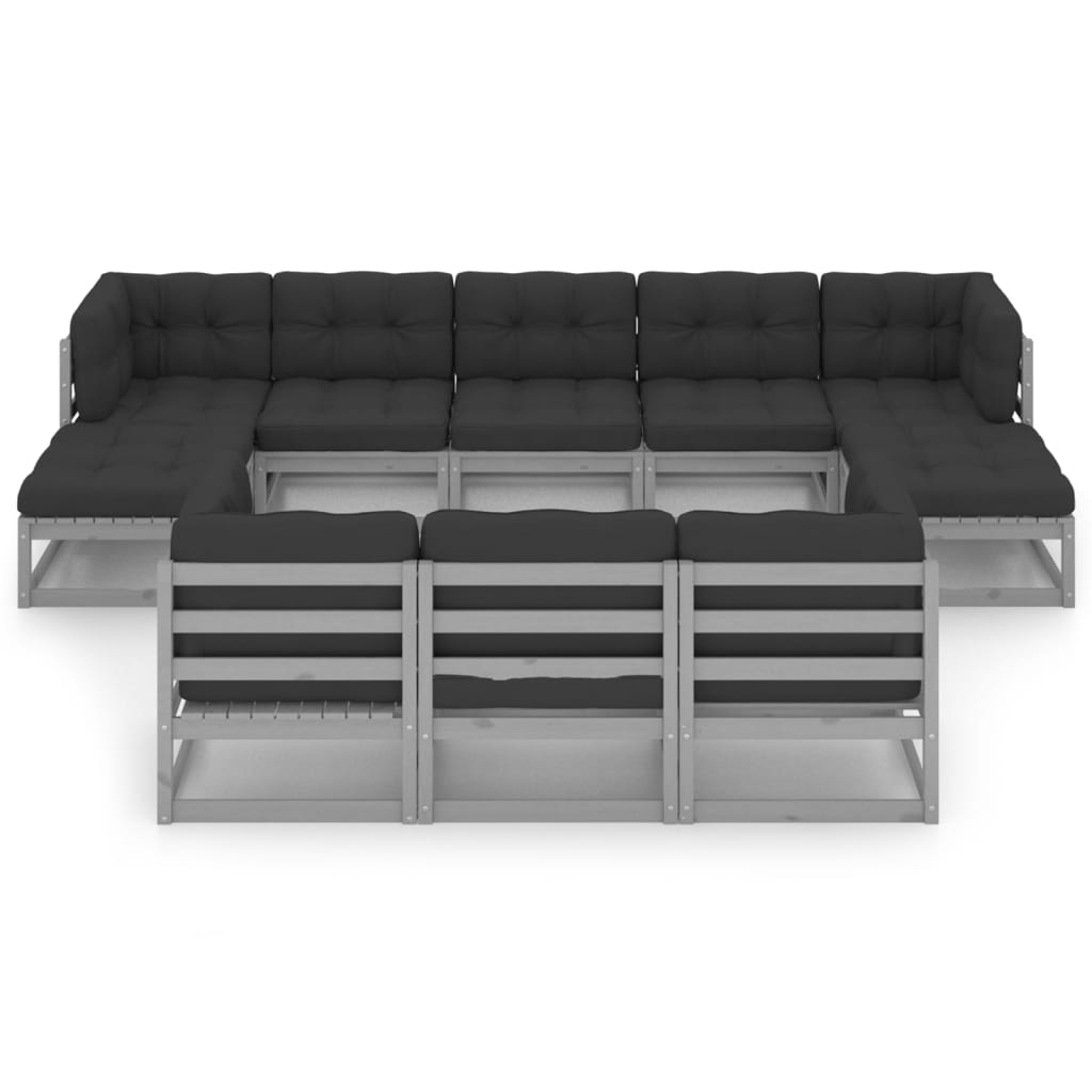 10-tlg. Garten-Lounge-Set mit Kissen Grau Kiefer Massivholz